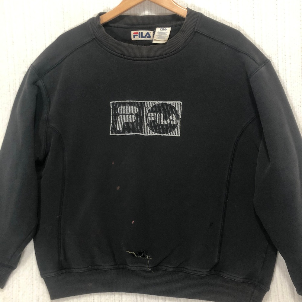 Vintage FILA Sweatshirt Crewneck Black Embroidered Logo Distressed Menswear‎